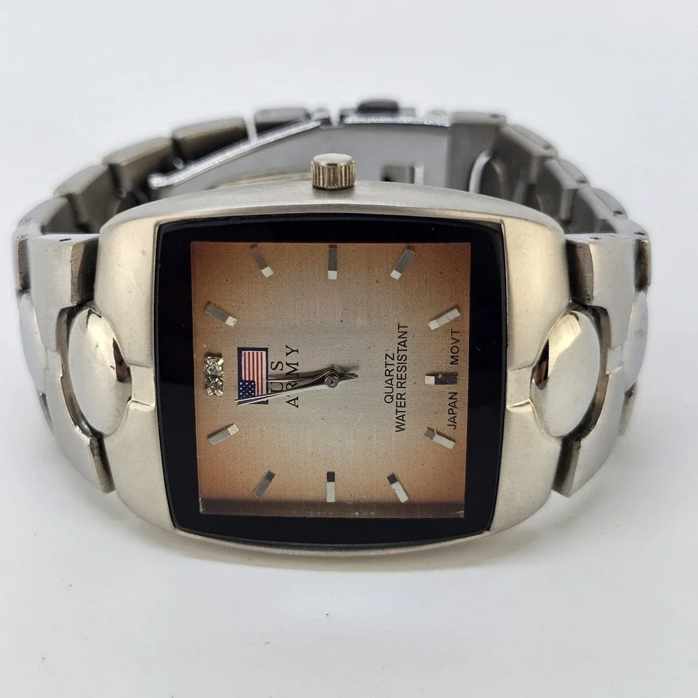 US Army Men's Analog Watch 35MM Gold Dial Gray Bracelet Band 6